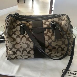 Coach Handbag, Brown Fabric Satchel, Leather Trim